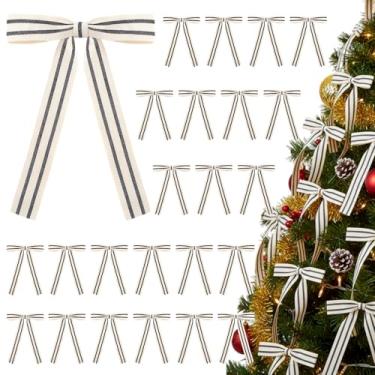 Imagem de Riceshoot 24 peças de laços listrados de algodão de Natal 12 x 18 cm vintage rústico pré-amarrado laços de presente com laços de arame para árvore de Natal grinalda lareira escadas casa interior