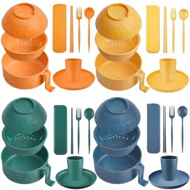 Imagem de Romooa Conjunto de 24 peças de panelas de ramen para micro-ondas, conjunto de utensílios de jantar de palha de trigo para micro-ondas com tigela de ramen de 935 g, pratos, copos e caixa de talheres