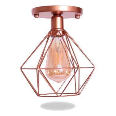 Imagem de Lustre De Teto Industrial Plafon Retrô, Luminária Aramada Diamante, Estilo Geométrico, Acabamento Dourado, Iluminação para Sala de Estar (Rose Gold)