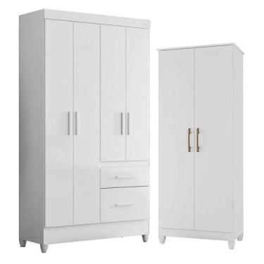Imagem de Guarda Roupa Solteiro Madri E Armário Multiuso Jade Branco Brilho - Mo