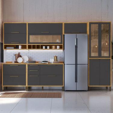 Imagem de Armário de Cozinha com Balcão e Tampo 12 Portas 4 Gavetas Pérola 100% Mdf Vidro Reflecta Amêndoa/Cinza - Pnr Móveis