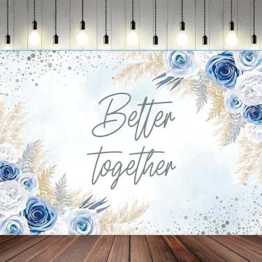Imagem de Better Together Pano de fundo boho chá de panela festa de casamento rústico fundo de fotografia de madeira boêmia, floral, grama, pampas, pano de fundo para bolo, suprimentos de mesa (azul, 2,1 x 1,5