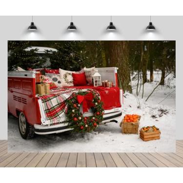 Imagem de CHNYWORK 2,1 x 1,5 m de fundo de caminhão vermelho vermelho vintage guirlanda de natal floresta de pinheiros fundo de inverno Feliz Natal véspera de ano novo decorações de festa retrato foto estúdio