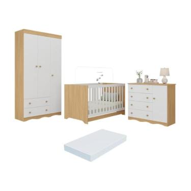 Imagem de Quarto de Bebê Completo Berço Americano 3 em 1 Colchão Realeza Multimóveis Mp4607 Madeirado/branco