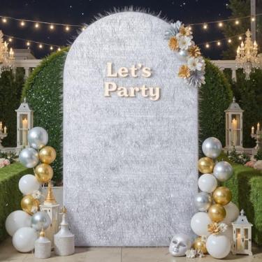 Imagem de Capa de fundo de arco de franja de folha prateada de 1,8 m com trepadeira de tinsel, cobertura de suporte de pano de fundo Chiara com glitter - Franja metálica e elastano para decoração de festa de