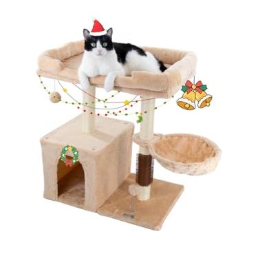 Imagem de Hapineko Torre de árvore pequena para gatos de 68 cm, poste para arranhar gatos em ambientes internos, com caverna para gatos e poleiro aconchegante, autotratador de gatos e bola suspensa interativa
