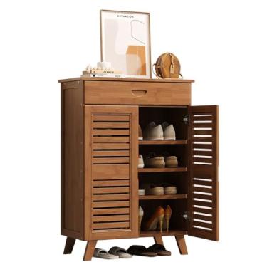 Imagem de Armário de sapatos com gaveta e portas, armário de armazenamento de sapatos de bambu de grande capacidade, unidade de armazenamento de sapatos de entrada para 12 a 20 pares, armário com economia de