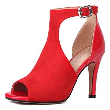 Imagem de XIANGZU Sandálias femininas de salto alto Peep Toe de 10 cm de camurça stiletto de verão com bico aberto, sapatos de festa com recorte lateral, Vermelho, 40