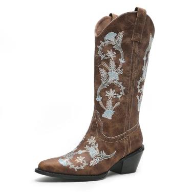 Imagem de Sivellya Botas caubói femininas Western Cowgirl, cano médio, bico curto com salto grosso, Marrom, 38