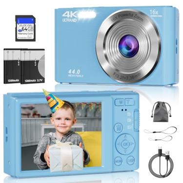 Imagem de Câmera digital, câmera digital FHD 4K com cartão SD de 64 GB, câmera digital de 44 MP, zoom digital de 16x, anti-trepidação, luzes de preenchimento de 3 LEDs, câmera compacta para crianças