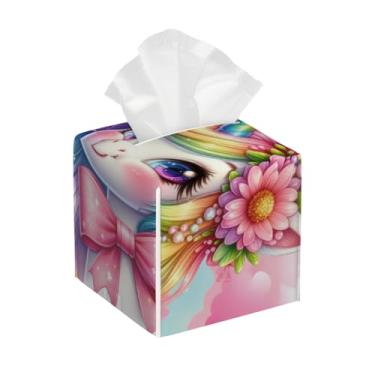 Imagem de Porta-lenços de papel quadrado de couro, impermeável, unicórnio, fofo, colorido, organizador de papel facial com cinto inferior, estojo de lenços para mesa, banheiro, escritório, mesa, carro