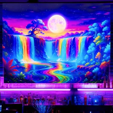 Imagem de BlissYard Tapeçaria Neon Moon Waterfall Black Light Tapeçaria UV Reativa Arco-íris Cachoeira Floresta Psicodélica Pendurar na Parede para Sala de Estar Quarto Dormitório Bar Decoração de Festa 78x59