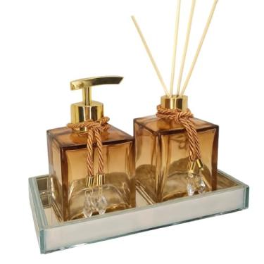 Imagem de Kit Lavabo Presente Sofisticado Vidro Aromatizador Difusor Saboneteira Decoração Banheiro Quarto(Com Bandeja,Ambar Degrade C/Dourado)