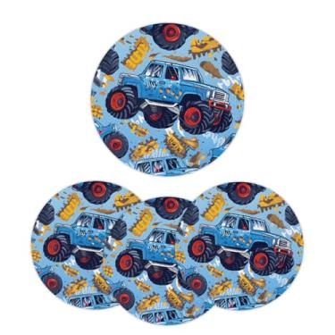 Imagem de Jogo americano redondo trançado de 38 cm, conjunto de 4 tapetes laváveis com palavras de caminhão monstro circular, resistente ao calor, para cozinha, mesa de jantar, festa de casamento, decoração de