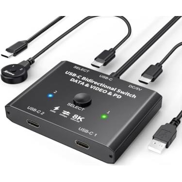 Imagem de Interruptor USB C, comutador USB C bidirecional 2 computadores, interruptor USB C 2 em 1 saída, interruptor USB tipo C KVM 8K a 30Hz 4K @ 120Hz vídeo/transferência de dados de 10 Gbps/carregamento