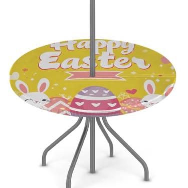 Imagem de hongjinglin Toalha de mesa de Páscoa para uso ao ar livre com orifício para guarda-chuva, toalha de mesa redonda elástica com zíper, impermeável, limpável, para piquenique, festa, pátio, serve para
