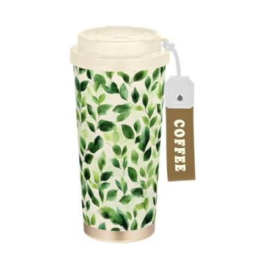Imagem de SEHANY Caneca de viagem Green Leaves de 482 ml Copos de café reutilizáveis revestidos de cerâmica com tampa à prova de vazamento, parede dupla, isolamento a vácuo, copo de café de aço inoxidável para
