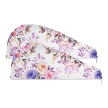 Imagem de SEHANY Toalha de cabelo de microfibra Elegant Roses para mulheres, 2 peças, turbantes de cabelo de secagem rápida com botão, touca de cabelo seco absorvente toalha de secagem de cabelo para cabelos