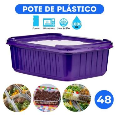 Imagem de 48 Potes Sorvete Açaí 1L Retangular Plástico Roxo com Tampa - BP POTES