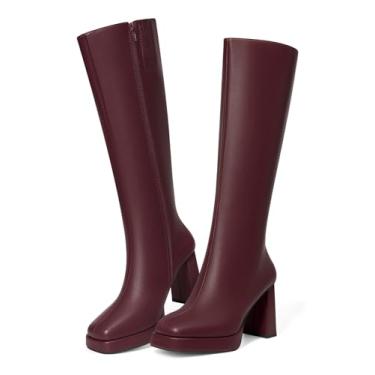 Imagem de Coutgo Botas femininas na altura do joelho plataforma salto alto grosso bico quadrado zíper lateral Gogo botas sapatos, Borgonha, 37