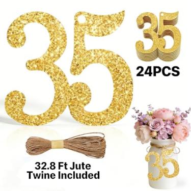 Imagem de ALISSAR 24 peças de etiquetas de ouro com 35 números com barbante de juta de 32,8 m – decorações de aniversário de 35 anos, artigos de festa de 35 anos, peças centrais de pote de pedreiro, kit de