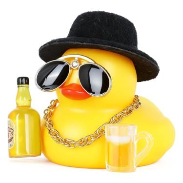 Imagem de Decorações de carro de patos de borracha, pato engraçado com cartola preta colar dourado óculos de sol copo de cerveja e garrafa, acessórios de decoração de painel estridente para interior de carro