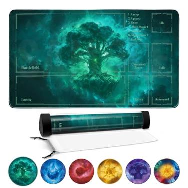 Imagem de FROGIGO Stellar Forest Playmat for MTG – 24"x14" Galaxy Green Tree Game Mat with Play Zones & Prismatic Playmat Tube, Non-Slip Rubber Table Mat for Magic The Gathering