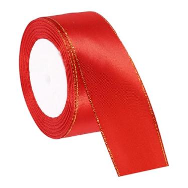 Imagem de PATIKIL Fita de cetim com borda dourada, fita de cetim de poliéster dupla face para embrulho de presente, buquês de flores, laços de cabelo, projetos de costura, vermelho