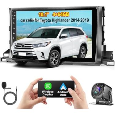 Imagem de [4G + 64G] 2014-2019 Toyota Highlander Radio Android 14 suporte estéreo para carro sem fio Carplay Android Auto, tela de toque IPS de 10,1 polegadas estéreo com GPS, Bluetooth, WiFi, rádio FM + câmera