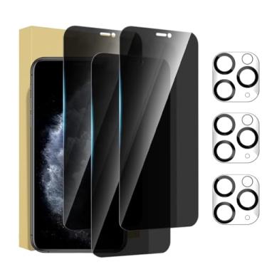 Imagem de Pacote com 3 protetores de tela de privacidade para iPhone 11 Pro Max de 6,5 polegadas com 3 protetores de lente de câmera, película de vidro temperado antiespionagem, dureza 9H, sem bolhas