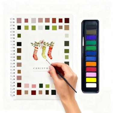 Imagem de Caderno de Aquarela, Kit de Pintura em Aquarela com Conjunto de 12 Cores com Pincéis e Cenas Multitemáticas, Conjunto de Caderno de Trabalho para Adultos e Adolescentes (Meias)