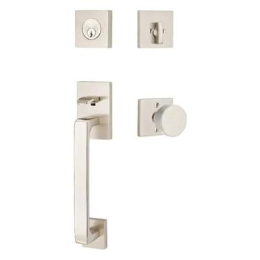 Imagem de Emtek 4820 Baden Botão redondo com chave de cilindro único puxador moderno de latão (níquel acetinado)