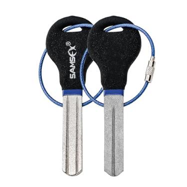 Imagem de SAMSFX Afiador de anzol de pesca para pesca Arquivo de diamante com alça portátil dupla face grãos finos e médios para homens (preto e azul)