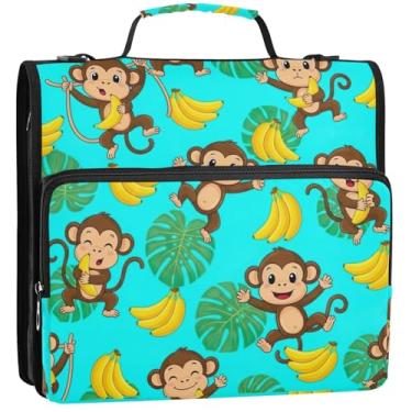 Imagem de Fichários estudantis de 3,8 cm, 3 anéis, lindos macacos de desenho animado, folhas de palmeira tropicais, organizador de fichários com zíper, vários bolsos, pasta de portfólio grande, bolsa escolar