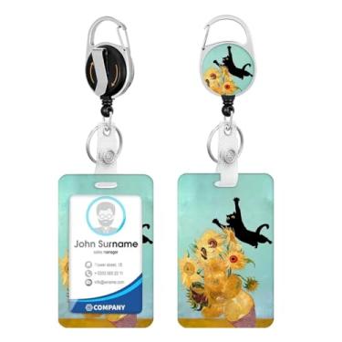 Imagem de Porta-crachá de identificação de flor de gato fofo preto engraçado com molinetes retráteis resistentes, chaveiro, cartão de identificação para mulheres, enfermeiros, professores, funcionários de