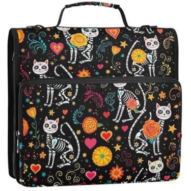 Imagem de Esqueleto gatos pretos 3 fichários anel D 1,5 polegadas D fichário organizador de fichários escolares bolsa com alça de ombro carteira de armazenamento de tecido estojo com alça, 34,5 x 31,5 x 8,9 cm