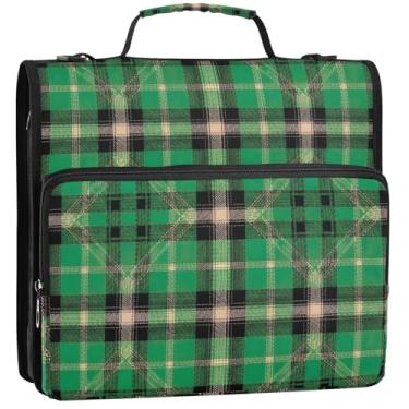 Imagem de Organizador de fichário com zíper xadrez verde 3 fichários 3,8 cm anel D bolsa de fichários escolares de tecido com alça de ombro estojo portfólio de armazenamento com alça, 34,5 x 31,5 x 8,9 cm