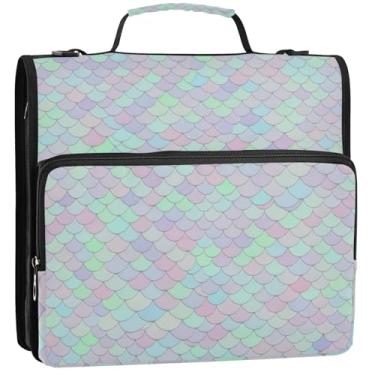 Imagem de Organizador de fichário com zíper, escamas de sereia pastel, 3 argolas de 3,8 cm, bolsa para fichários escolares para estudantes com alça de ombro, portfólio e estojo para pasta de anel, 34,5 x 31,5 x