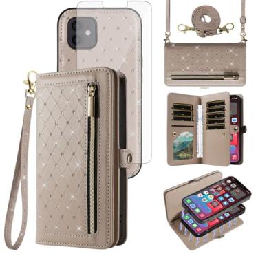 Imagem de Capa de celular para iPhone 12 Mini 5.4 carteira com zíper destacável e protetor de tela alça transversal alça de cordão brilhante com glitter compartimentos para cartão iPhone12mini 5G i 12s iPhone12