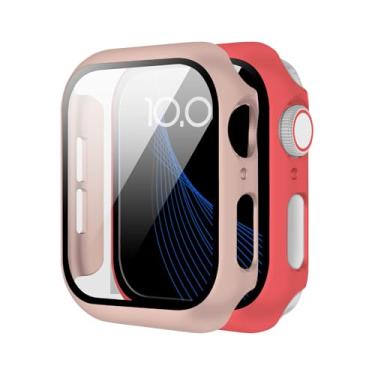 Imagem de (Pacote com 2) Compatível com Apple Watch Series 10/9/8/7/6/5/4, com um protetor de tela de vidro temperado e uma capa rígida de PC para proteção total. (Vermelho amassado + areia rosa, 46 mm (S10))