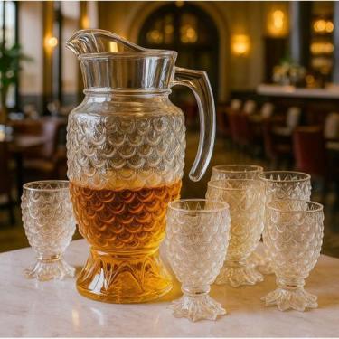 Imagem de Kit 7 pçs Jarra de Vidro 1,4L 6 Taças 200ml Jogo de Copos Conjunto Dia