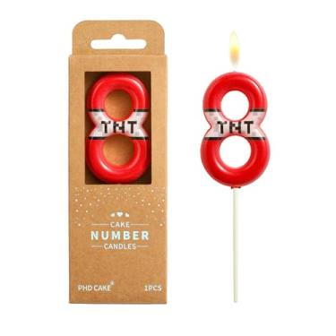 Imagem de PHD CAKE Velas de aniversário de 6 cm número 8 com pixel vermelho, velas com números temáticos TNT, velas com número de bolo, celebração de festa