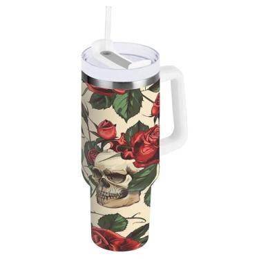 Imagem de SEHANY Copo de caveira e rosas de 1,18 l com alça, copo isolado de aço inoxidável a vácuo de parede dupla, à prova de vazamento, caneca de café isolada para viagem cabe no suporte de copo de carro