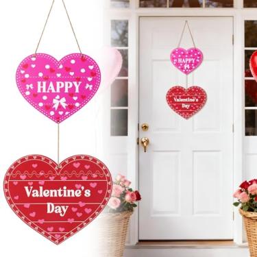 Imagem de Placa de porta da frente de 69,8 cm, decoração dos namorados - Guirlanda de madeira vermelha romântica em forma de coração, cabide de porta de dia dos namorados para festa em casa e parede de janela