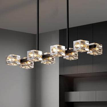 Imagem de Lustre Pendente Moderno Preto e Dourado com Cristal Transparente, Luminária Suspensa Estilo Sputnik com 8 Luzes para Sala de Jantar e Ilha de Cozinha, Soquete G9 (Máx. 40W, Lâmpadas Não Inclusas)