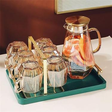 Imagem de Garrafa de água fria vintage, chaleira para casa de verão, bule de chá de grande capacidade com 6 copos hexagonais e suporte de copo, bandeja verde