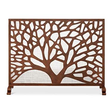 Imagem de CGKs6anmU Tela única plana grande para lareira 78 cm de altura - Design de árvore marrom avermelhado capa de proteção contra faíscas segurança para bebê cerca de lareira sólida estrutura de aço de