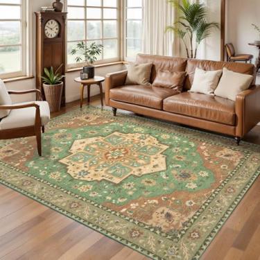 Imagem de SERISSA Tapetes para quarto, tapetes laváveis antiderrapantes vintage para sala de estar, tapete oriental macio para sala de jantar, escritório, banheiro, berçário, cozinha, terracota, verde