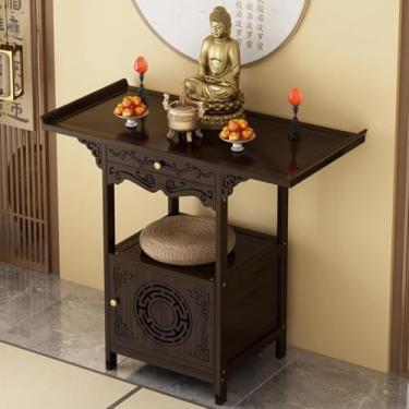Imagem de Armário de altar de bambu para Buda, mesa de meditação do santuário pessoal chinês com armazenamento, oferecendo nicho de pedestal, 66 x 40 x 100 cm (25,9" x 15,7" x 39,3")