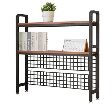 Imagem de Estante de mesa para mesa de computador, prateleira de metal multiuso com prateleiras de madeira, painel de grade de metal, estante de mesa para organizador de materiais de escritório